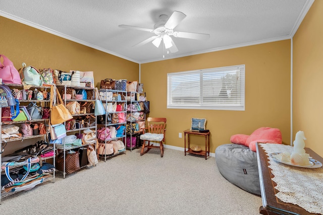 interior space with ceiling fan, ornamental molding, a textured ceiling, and carpet