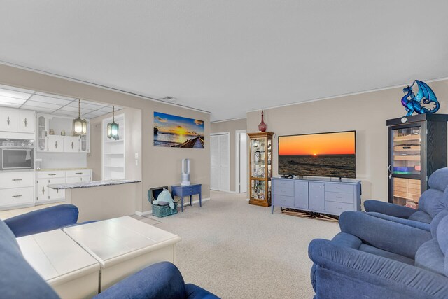 living room with light colored carpet