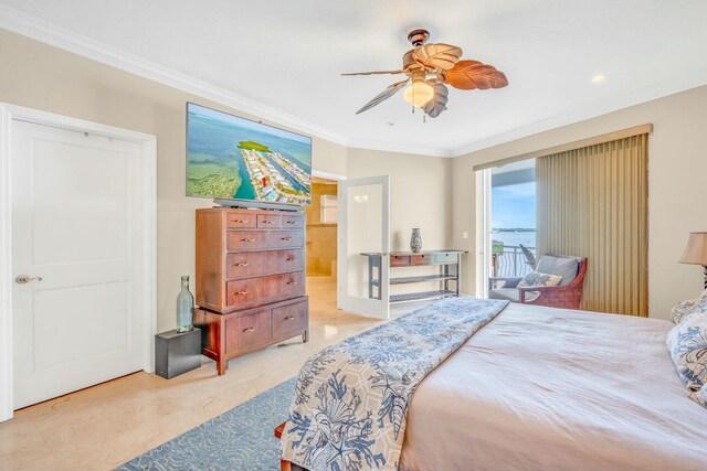 bedroom with access to outside, ornamental molding, and ceiling fan