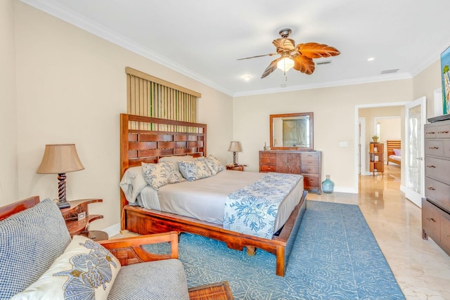 bedroom featuring crown molding and ceiling fan