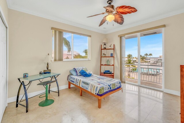 bedroom with ceiling fan, ornamental molding, multiple windows, and access to outside