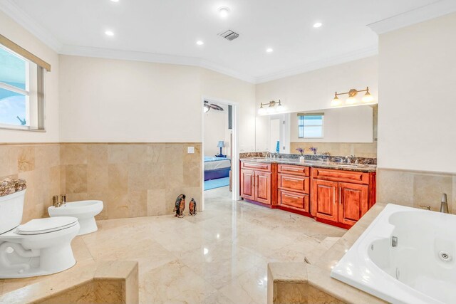 bathroom featuring a bidet, a relaxing tiled tub, crown molding, and toilet