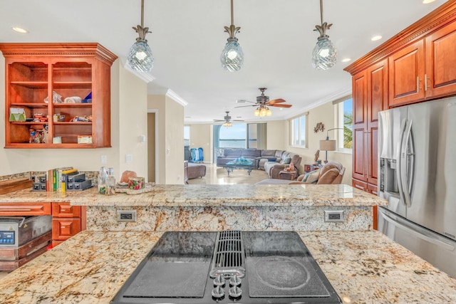 kitchen featuring black electric stovetop, decorative light fixtures, ornamental molding, and stainless steel refrigerator with ice dispenser