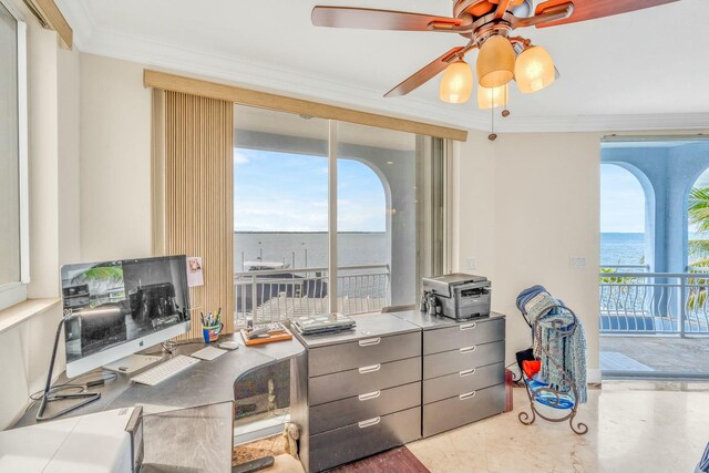 office space with crown molding, a healthy amount of sunlight, and ceiling fan