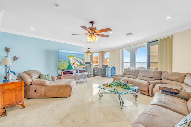 living room with crown molding and ceiling fan