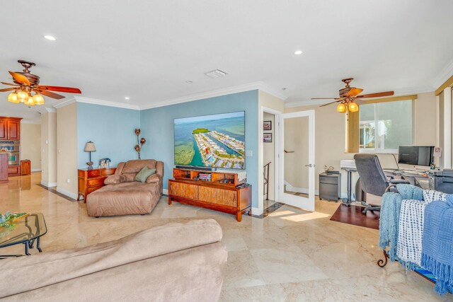 living room with crown molding and ceiling fan