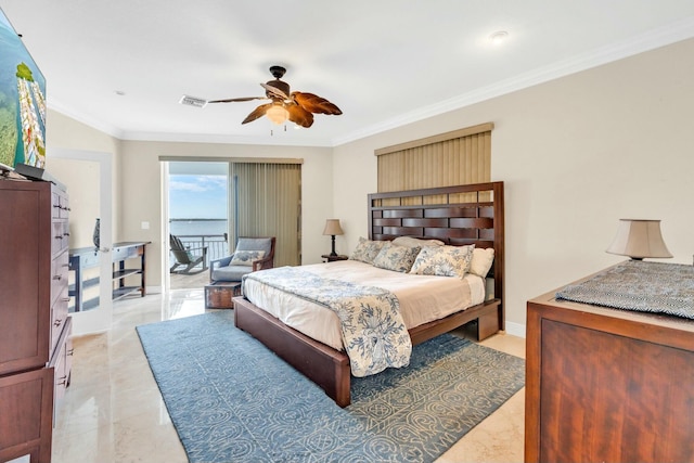 bedroom featuring access to exterior, ornamental molding, and ceiling fan