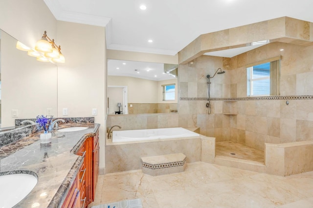 bathroom with independent shower and bath, vanity, and crown molding