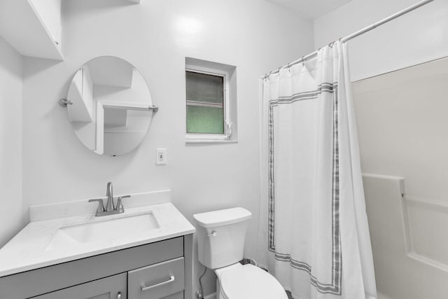 bathroom with vanity, walk in shower, and toilet