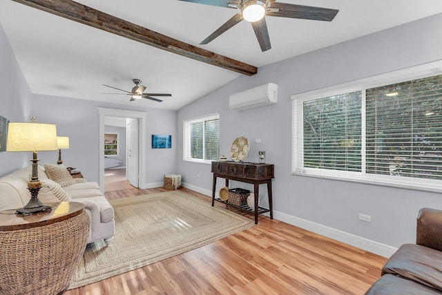 living room featuring a wall mounted air conditioner, light hardwood / wood-style flooring, lofted ceiling with beams, and ceiling fan