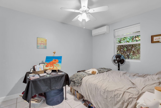 tiled bedroom with an AC wall unit and ceiling fan