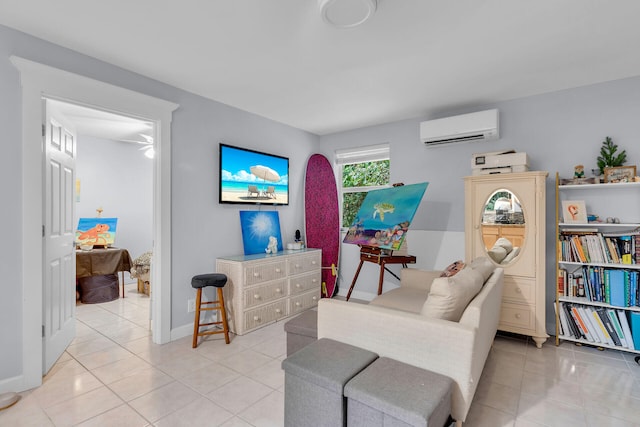 living area with light tile patterned floors and a wall unit AC