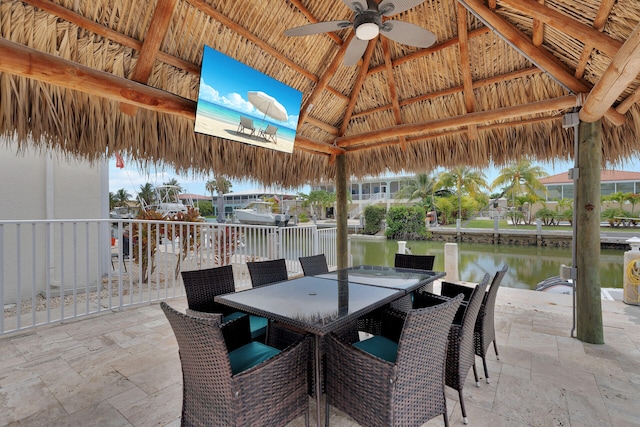 389 N Anglers Dr Unit 105, Marathon, FL 33050 - view of patio featuring a gazebo, ceiling fan, and a water view