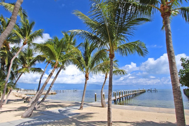 view of dock with a beach view and a water view