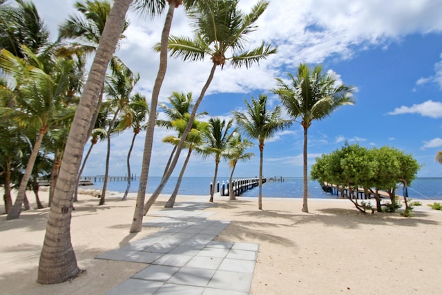 view of property's community with a water view and a view of the beach