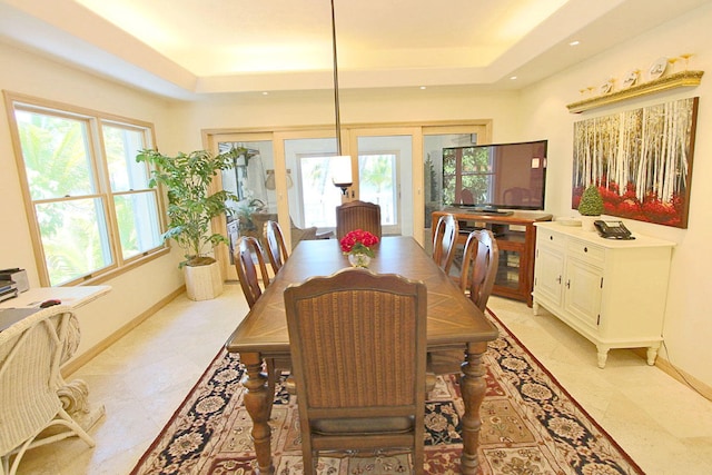 dining room with a raised ceiling and plenty of natural light