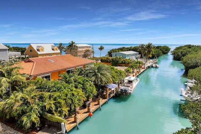 drone / aerial view with a water view