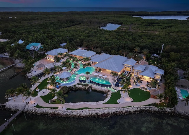 aerial view with a water view and a wooded view