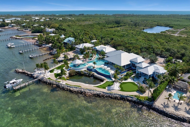 bird's eye view with a water view and a forest view