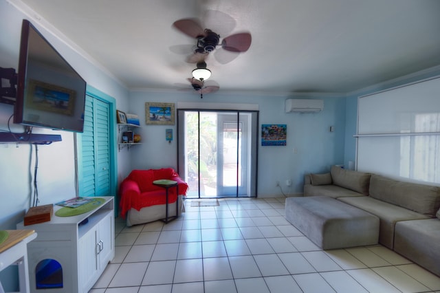 living room featuring ornamental molding, an AC wall unit, ceiling fan, and light tile patterned floors