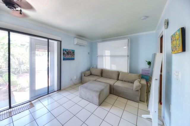 living room with ornamental molding, an AC wall unit, and light tile patterned flooring