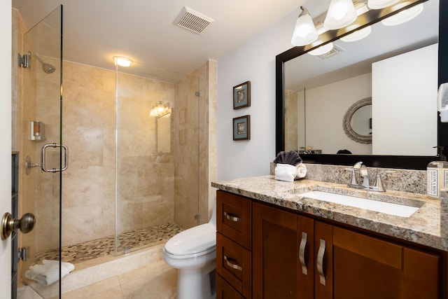 full bath with toilet, a stall shower, visible vents, and vanity