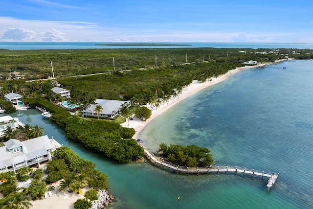 drone / aerial view featuring a water view and a beach view