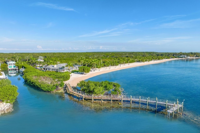 bird's eye view featuring a water view and a beach view