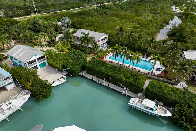 aerial view featuring a water view