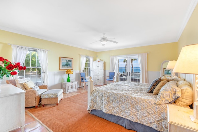 bedroom featuring crown molding, light tile patterned floors, ceiling fan, and french doors