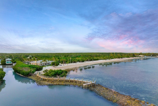 aerial view at dusk featuring a water view