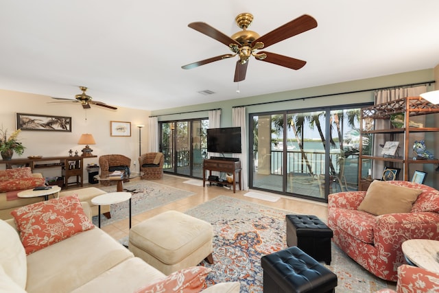 living room with ceiling fan