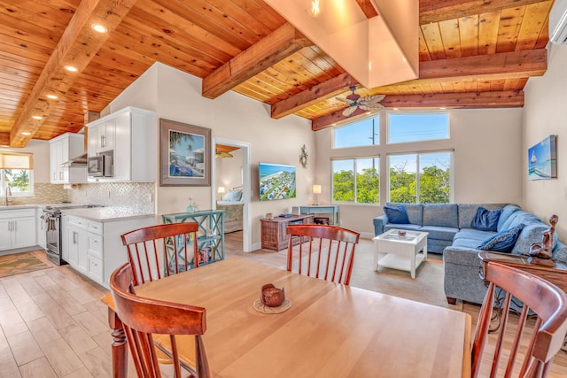 176 Iroquois Dr, Islamorada, FL 33036 - dining area with vaulted ceiling with beams, wooden ceiling, a wealth of natural light, and a ceiling fan