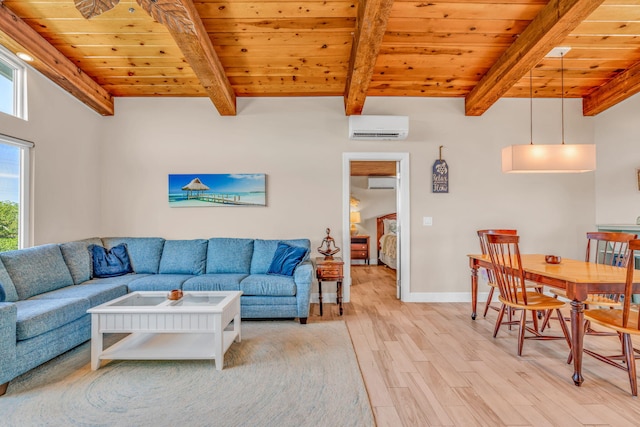 176 Iroquois Dr, Islamorada, FL 33036 - living area featuring beam ceiling, a wall unit AC, wooden ceiling, and light wood-style floors