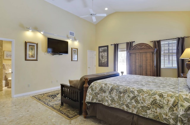 bedroom with ceiling fan, ensuite bathroom, and high vaulted ceiling