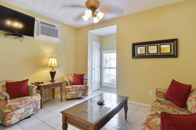 tiled living room featuring ceiling fan and an AC wall unit