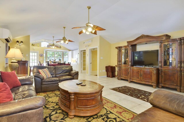 tiled living room with ceiling fan, vaulted ceiling, and a wall mounted AC