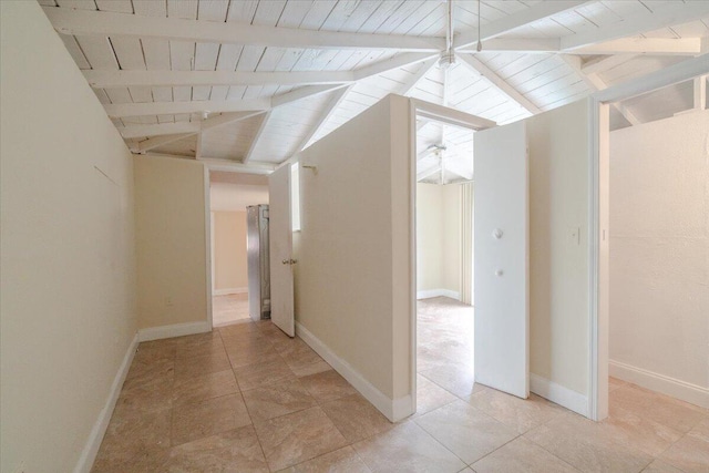 hallway featuring vaulted ceiling with beams and wood ceiling