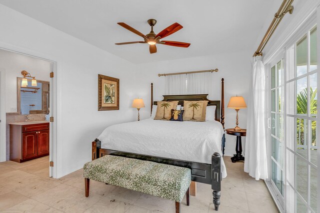 1330 Coury Dr, Key Colony, FL 33051 - bedroom featuring a sink, ensuite bath, light tile patterned floors, and a ceiling fan