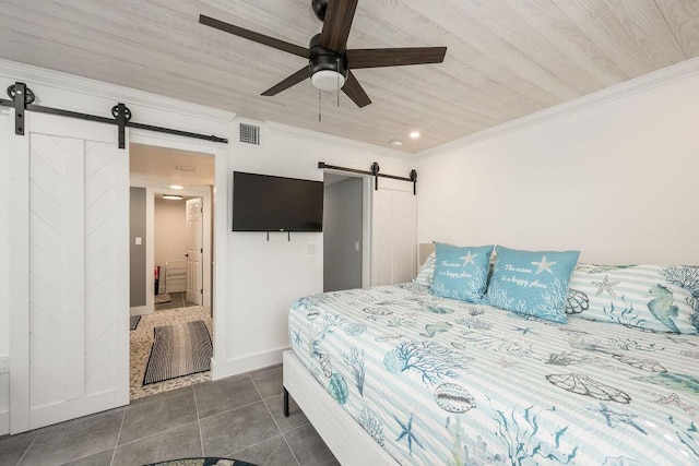 bedroom featuring ornamental molding, a barn door, dark tile patterned flooring, and wooden ceiling