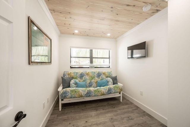 living area featuring wood-type flooring, wooden ceiling, and crown molding