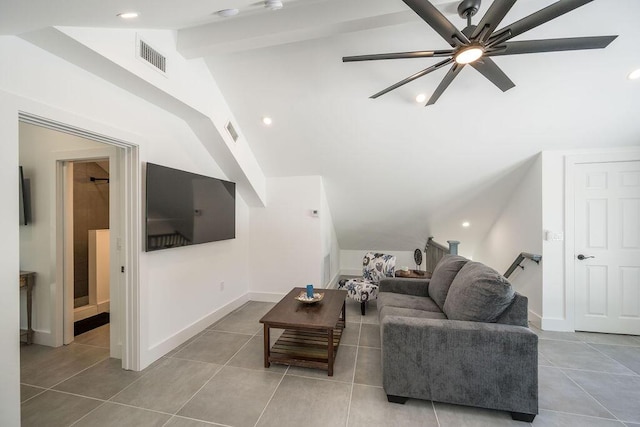 tiled living room with ceiling fan and vaulted ceiling with beams