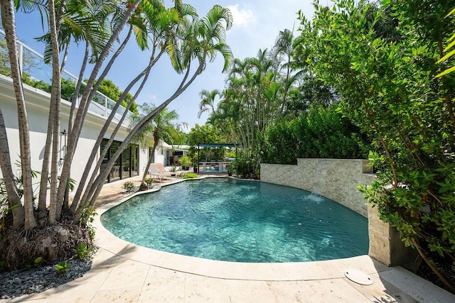 view of swimming pool with a patio area and pool water feature