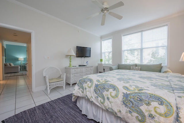 115 Front St Unit 202, Key West, FL 33040 - tiled bedroom with ceiling fan, ornamental molding, and lofted ceiling