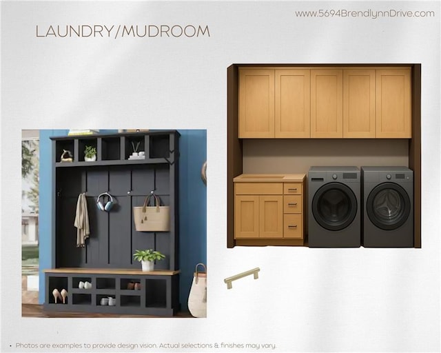 laundry area featuring cabinet space and washing machine and clothes dryer