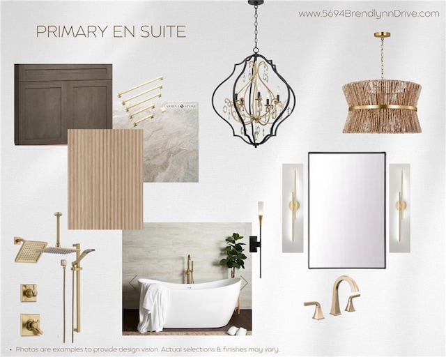 full bathroom with a freestanding tub and an inviting chandelier