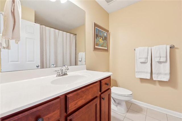 bathroom with tile patterned flooring, vanity, baseboards, toilet, and a shower with shower curtain