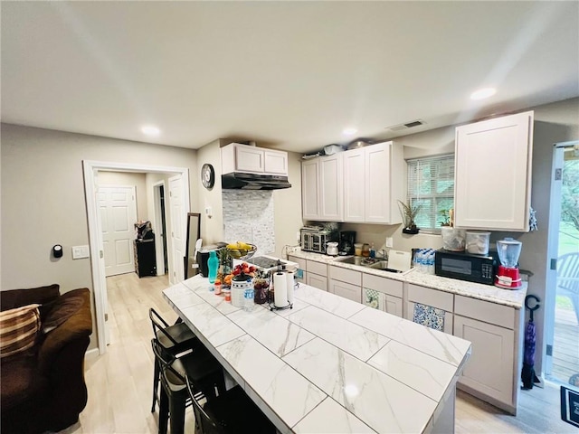 31 Cline Dr SW, Cartersville, GA 30120 - kitchen with black microwave, under cabinet range hood, a sink, light countertops, and white cabinets