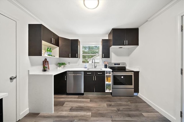 kitchen featuring hardwood / wood-style floors, sink, ornamental molding, dark brown cabinetry, and stainless steel appliances