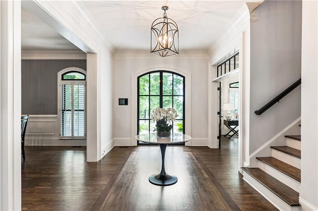 15595 Birmingham Hwy, Alpharetta, GA 30004 - entryway featuring a chandelier, dark wood-style floors, stairs, and crown molding